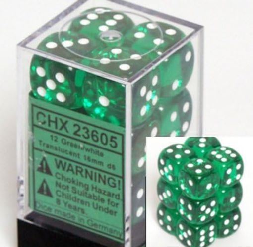 Imagen de DADOS D6 TRANSLUCENT 16MM GREEN/WHITE 12-DICE BLOCK 23605