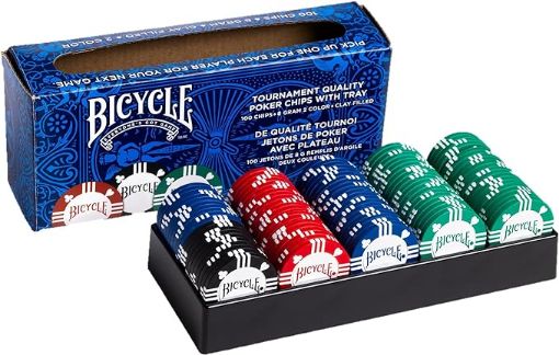 Imagen de FICHAS BICYCLE CLAY POKER 8 GRAMOS 100 UNIDADES CON BANDEJA DE CASINO